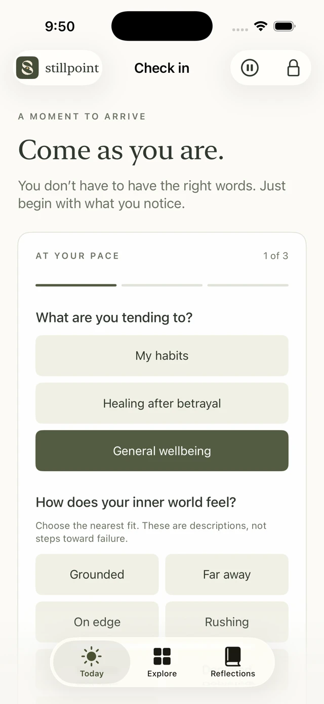 Stillpoint development preview showing a gentle personal check-in