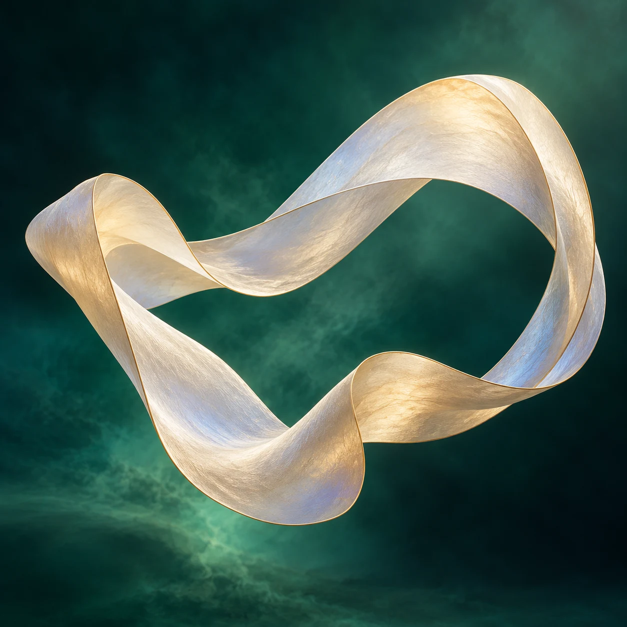 A luminous ivory ribbon flowing through a deep emerald space